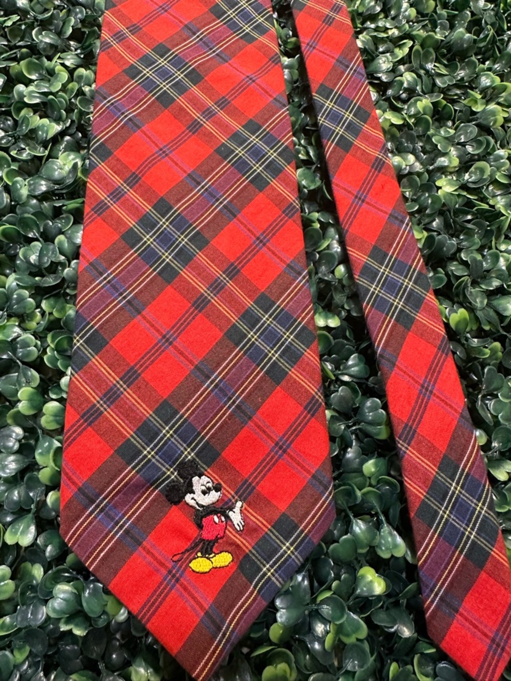 Red Plaid Tie with Embroidered Mickey Mouse